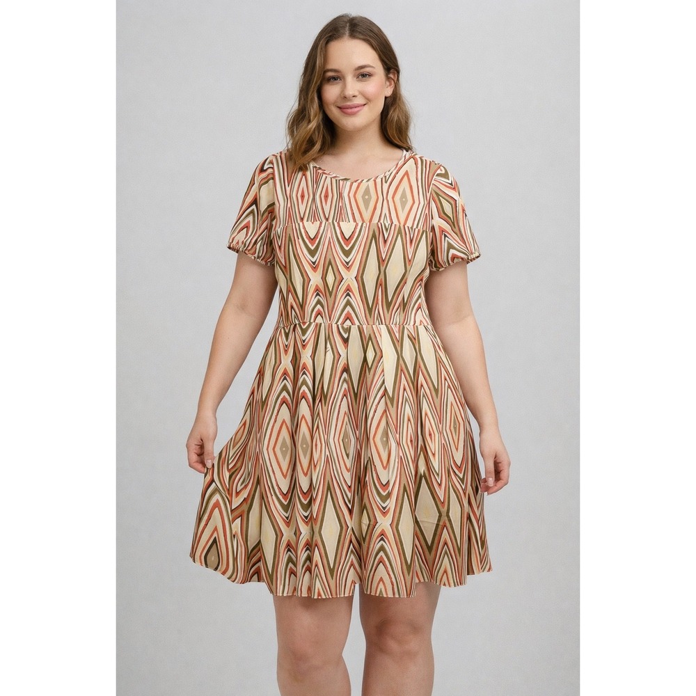 Alex Marie‎ Dress Womens 10 Geometric Diamond Print Fit & Flare Orange Brown